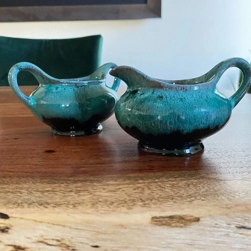 RARE 1960s cream and sugar pottery set from Canuck Pottery Ltd. Green Turquoise